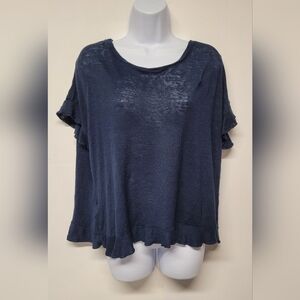 Eri + Ali Blue Boxy Top M Semi Sheer Back Crisscross Ruffled Trim